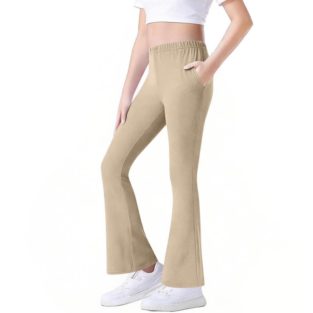 Girls Cotton Flared Pants with Pockets, Stretch Fit Flare Casual Pants for Kids