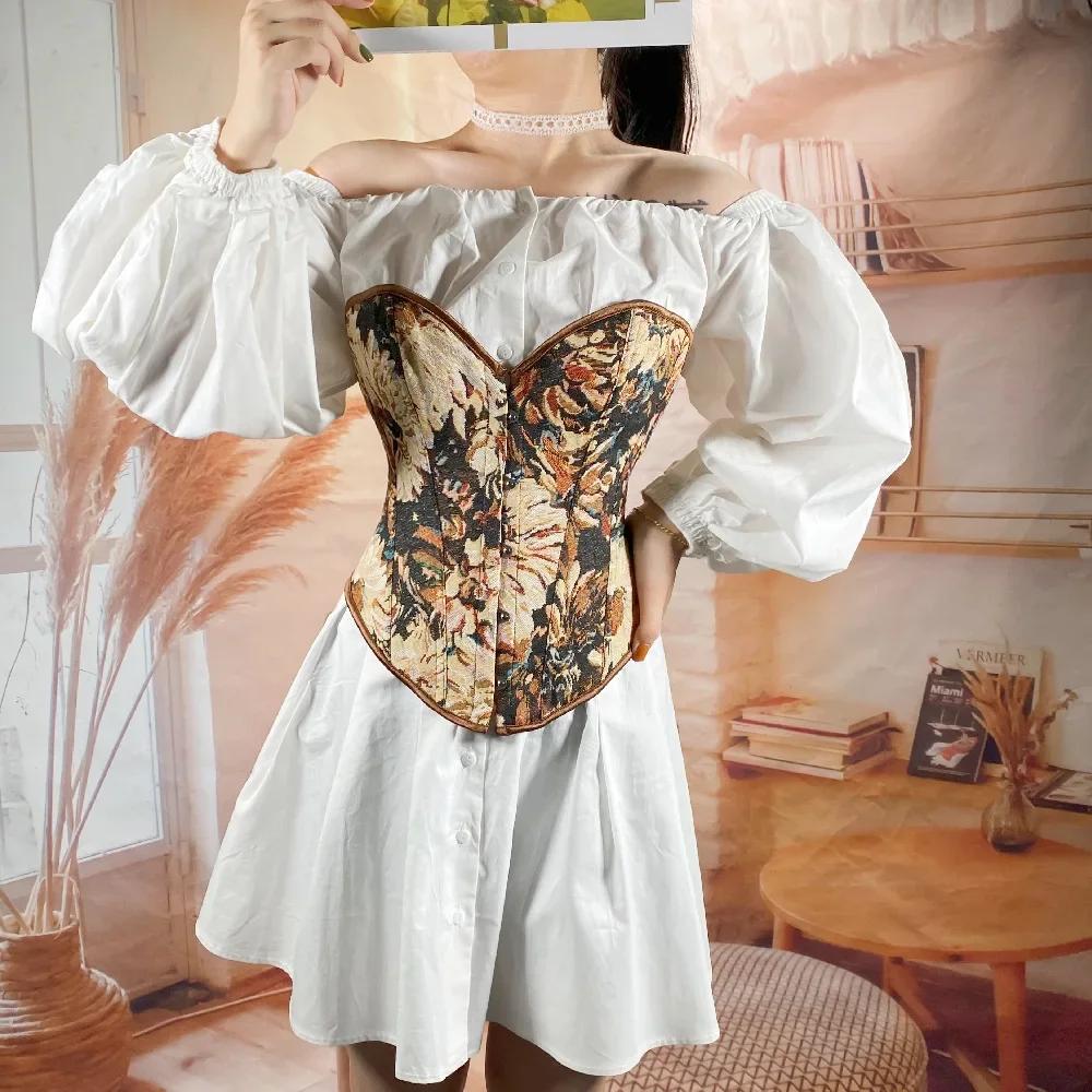 Corsé Floral Vintage para Mujer Top Denim Overbust con Cordones Corselet con Ballenas Lencería Moldeador Corporal Bustier