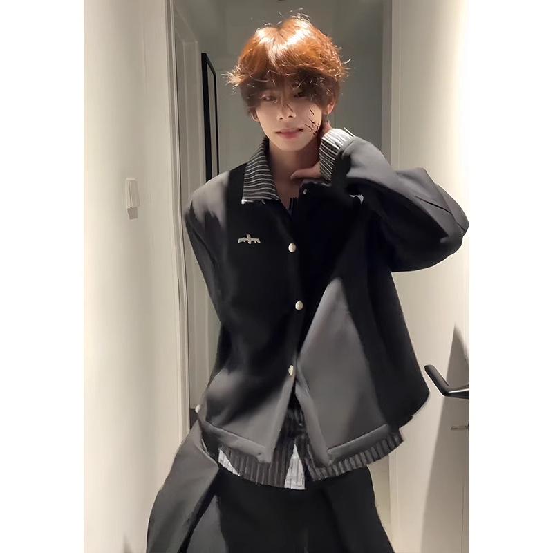 Men s Black Layered Sweatshirt Cardigan with Striped Patchwork Shirt and American Cleanfit Jacket, Versatile Style. XXL