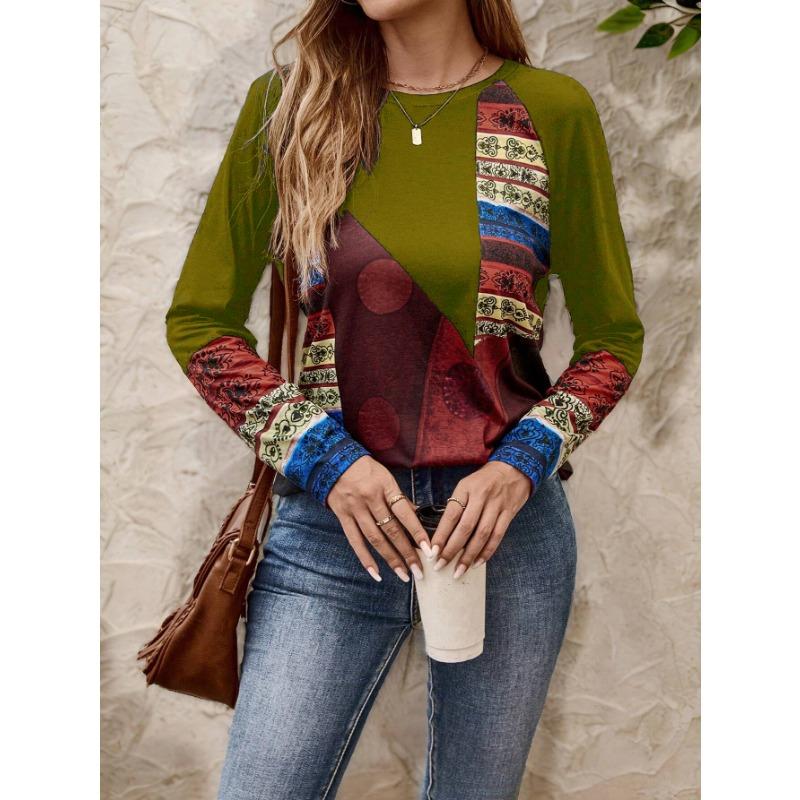 

Элегантная женская футболка 3D ретро-принт модный длинный рукав круглый вырез обычный топ праздничный выходной весна и осень 4XL