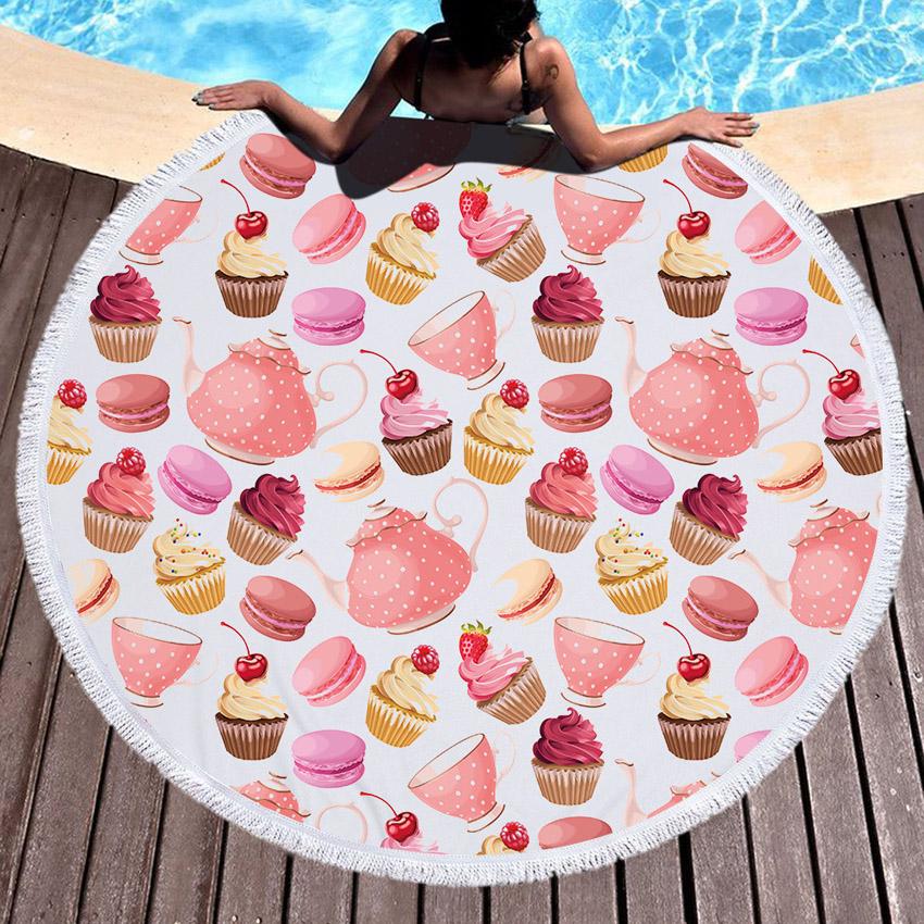 Macaron Donuts Cake Round Beach Towel Thick Shower Bath Towels Microfiber Summer Swim Circle Yoga Mat Blanket 150cm With Tassels