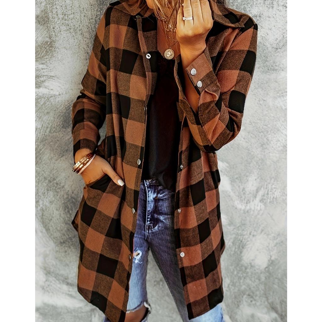 Fall Winter Vintage Plaid Long Sleeve Lapel Women's Loose Casual Shirt Jacket, Leisure Outerwear