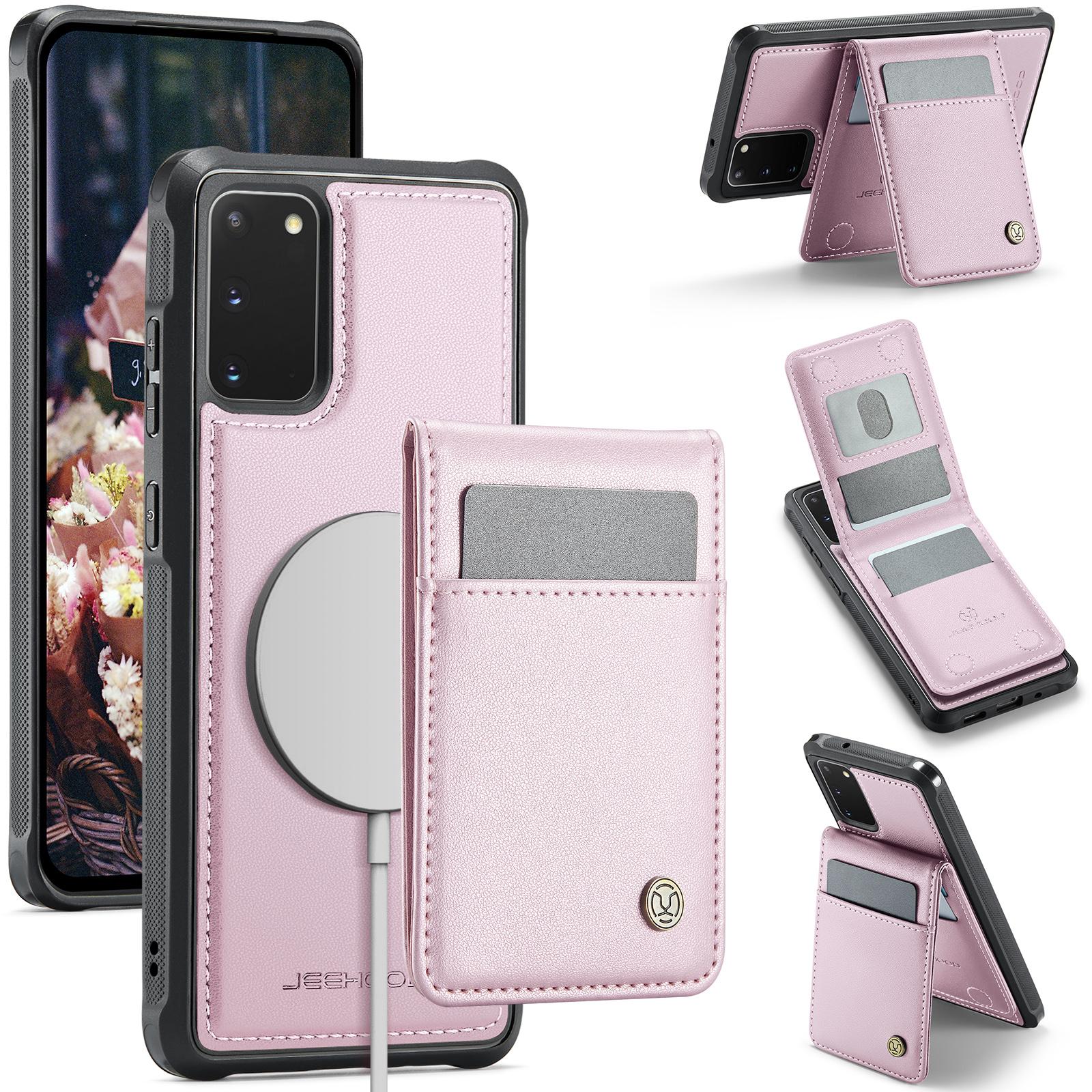 

For Samsung Galaxy S20 5G Leather Back Cover Compatible with MagSafe JEEHOOD J06 Phone Case with Card Bag RFID Blocking Pink