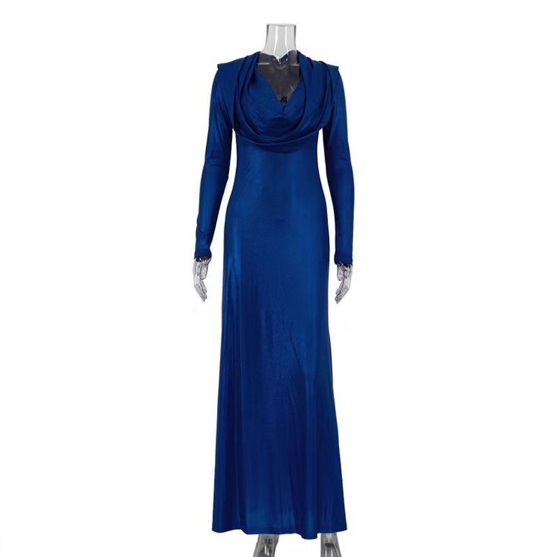 

Western Style Long sleeve Swing Collar Hood Slim fit Sheath Dress Long Sleeve Slim Fit Dress Blue M