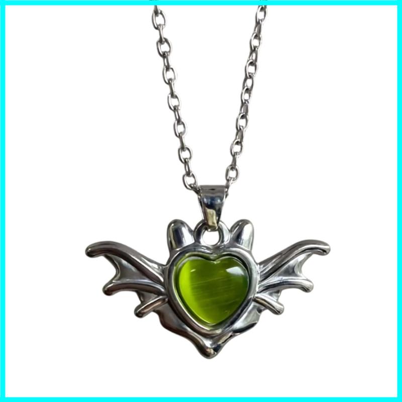 Gothic Punk Bat Wings and Heart Shaped Pendant Necklace Dark Alloy Chain Halloween Women’S Gift, Casual Fashion Accessorie зелёный