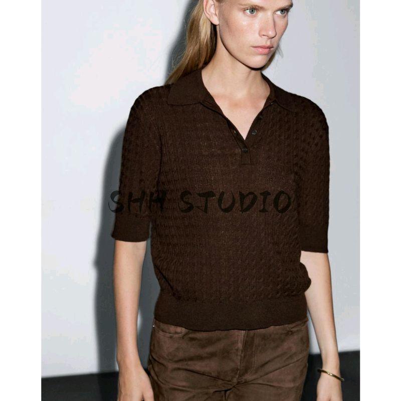 MD Spring/Summer New Arrival Women's Clothing High JGG Chengtong Diligent Twisted Flower Cable Stitch Half Sleeve Knitting Polo Shirt 5687579