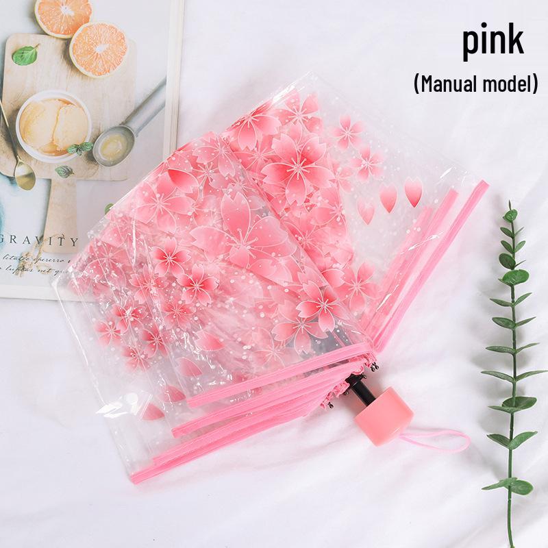 Cherry Blossom Transparent Automatic Umbrella - Soft Girl Three-Fold Design