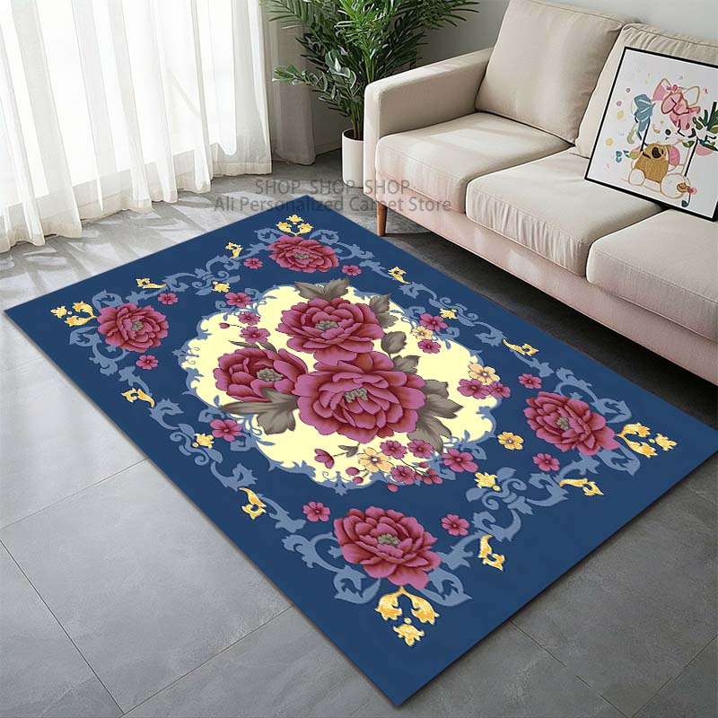Klassischer Vintage Blumen Teppich für Wohnzimmer Schlafzimmer Sofa Heimdekoration Rutschfeste Fußmatte Moderner Teppich Luxuriöses Geschenk