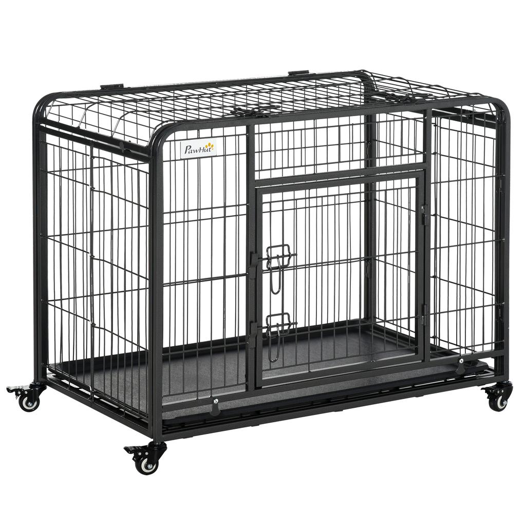 Folding Dog Kennel with Double Door and Lock, 4 Wheels with Brakes and Removable Bottom, 94x58x69.5 cm, Grey