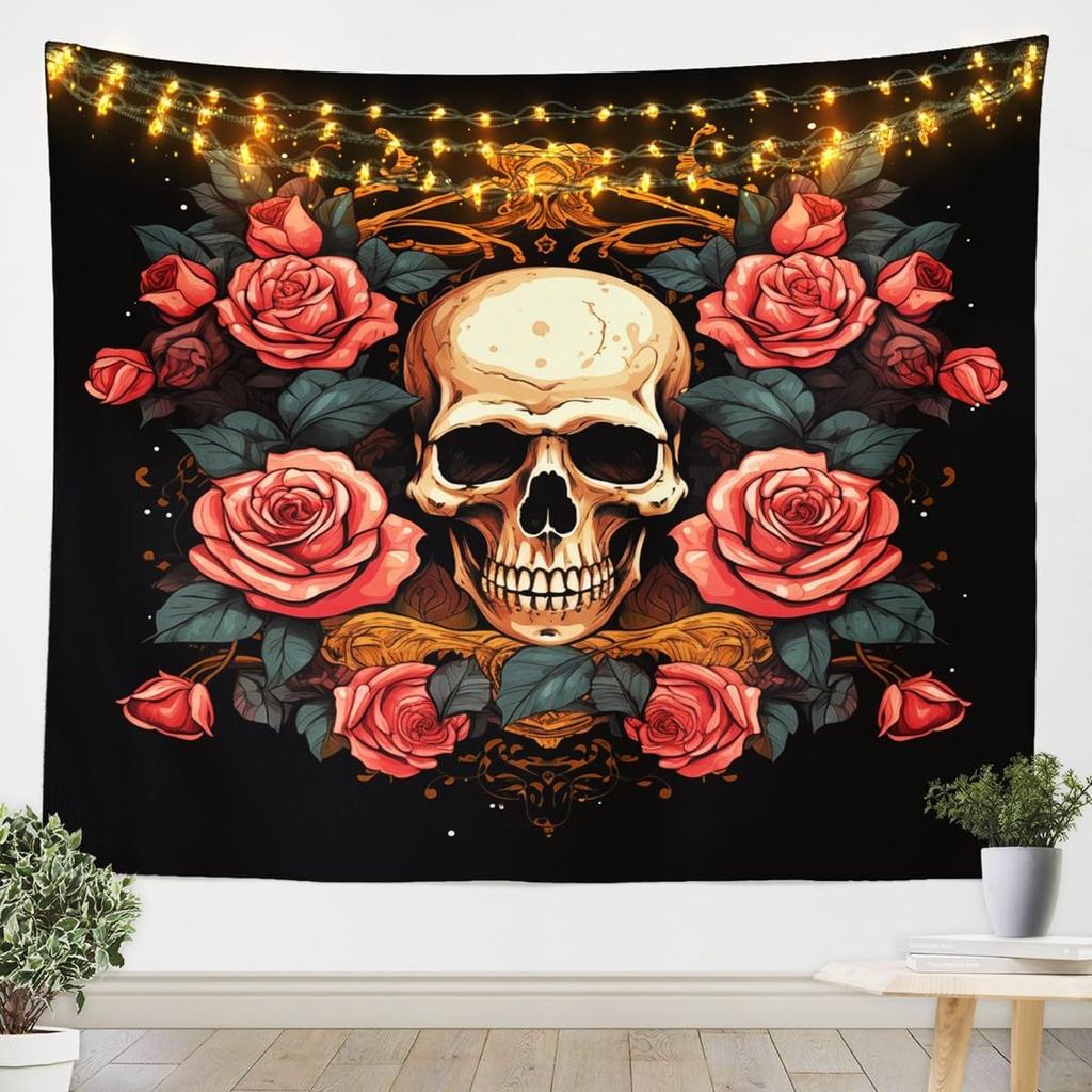 3D Skull Floral Wall Tapestry Rose Death Skull Tapestry, 3D Romantic Skeleton Tapestry For Bedroom Boho Gothic Hanging Wall Art