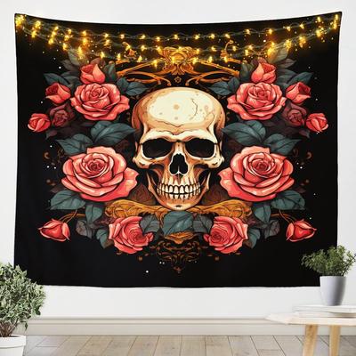 3D Skull Floral Wall Tapestry Rose Death Skull Tapestry, 3D Romantic Skeleton Tapestry For Bedroom Boho Gothic Hanging Wall Art