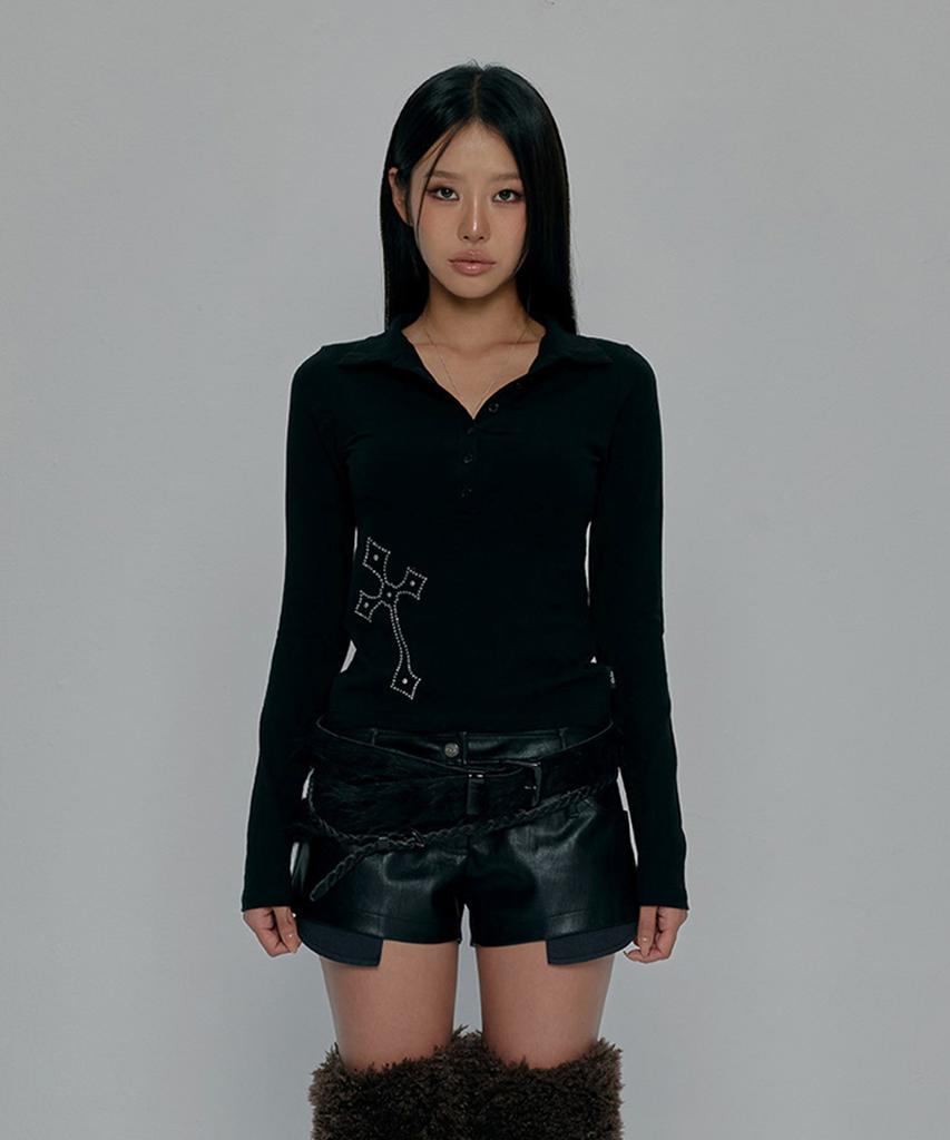 Gillaakaibeu Cross Button Collar Long Sleeve_Black