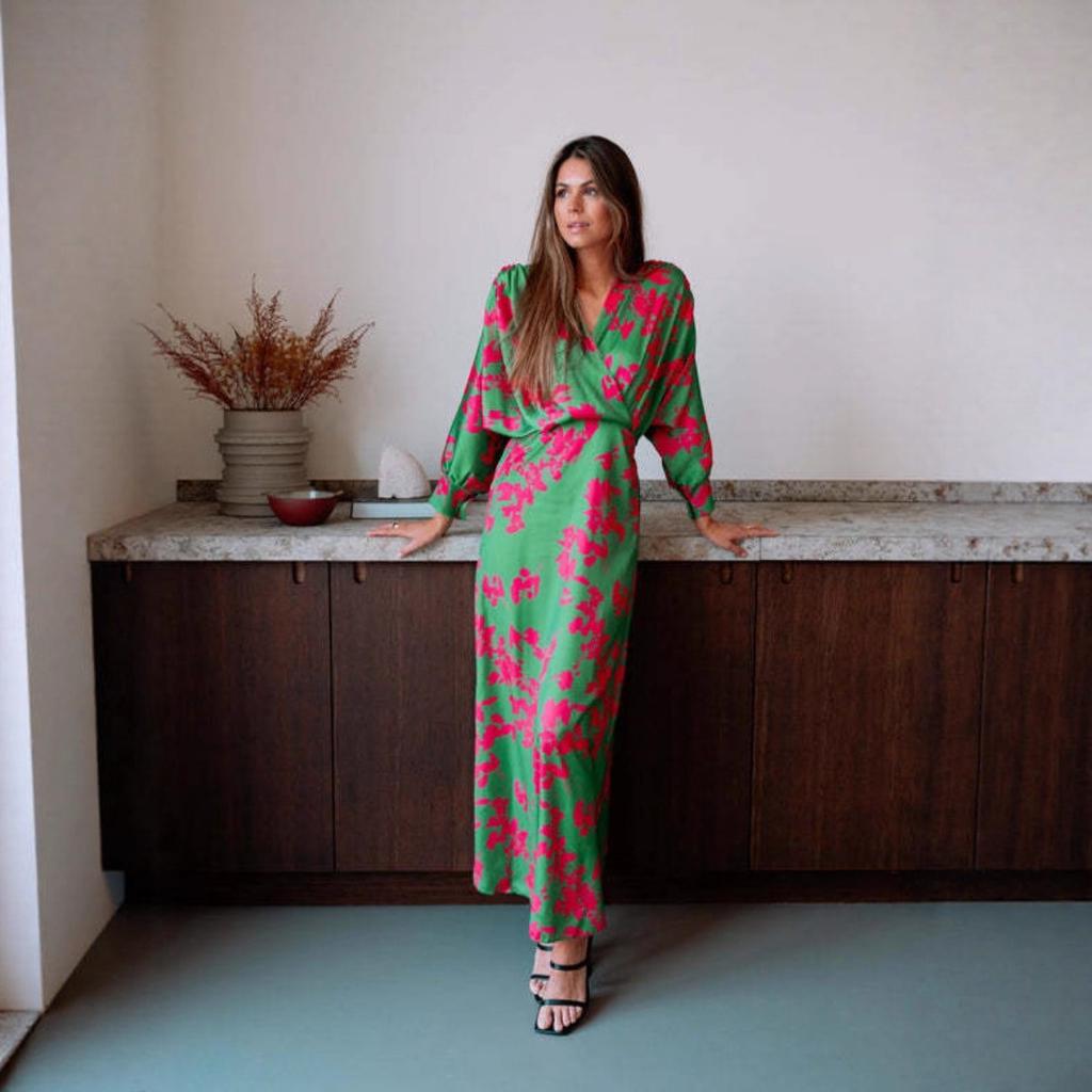 Women's Fall New Elegant Floral Printed V-neck Lantern Sleeve Long Maxi Dress for Leisure