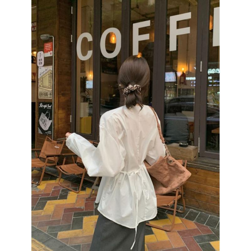 Fashionable Retro Brown Long-sleeved Shirt for Women in Autumn  Style Waist Tie Loose and Versatile Shirt