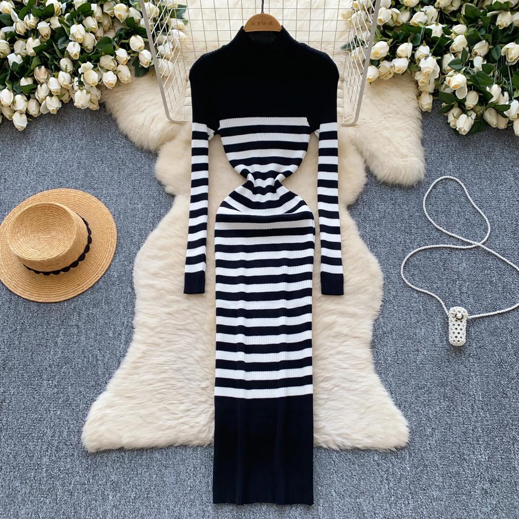 Rochii pulover femei cu gât înalt toamna 2024 sexy slim fit rochie tricotată tricotată cu dungi cu culoare blocată, îmbrăcăminte de stradă Rochii șic