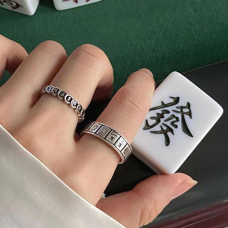 Feng Shui Mantra Protection Wealth Ring Vintage Mahjong Finger Ring Amulet Wealth Lucky Opening Adjustable Ring Buddhist Jewelry