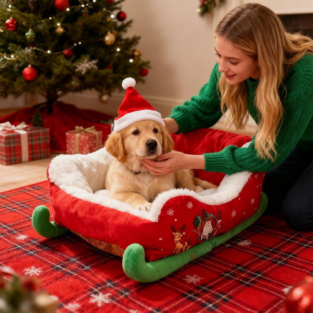 Christmas Washable Dog Sofa Bed Nest Winter Dog Bed Sled Cat Hammock with Anti-Slip Bottom for Cats Dogs Christmas Decoration