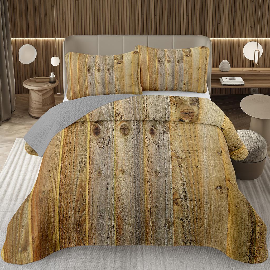 Wood Barn Door Bedspread Queen/Twin Wood Grain Quilted Coverlet Retro Rustic Farmhouse Bedding Set Reversible Grey Quilt Set