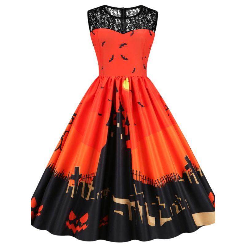 Fashion Halloween round Neck Lace Patchwork Pumpkin Cartoon Print Silm Sleeveless Swing Dress Female Dress