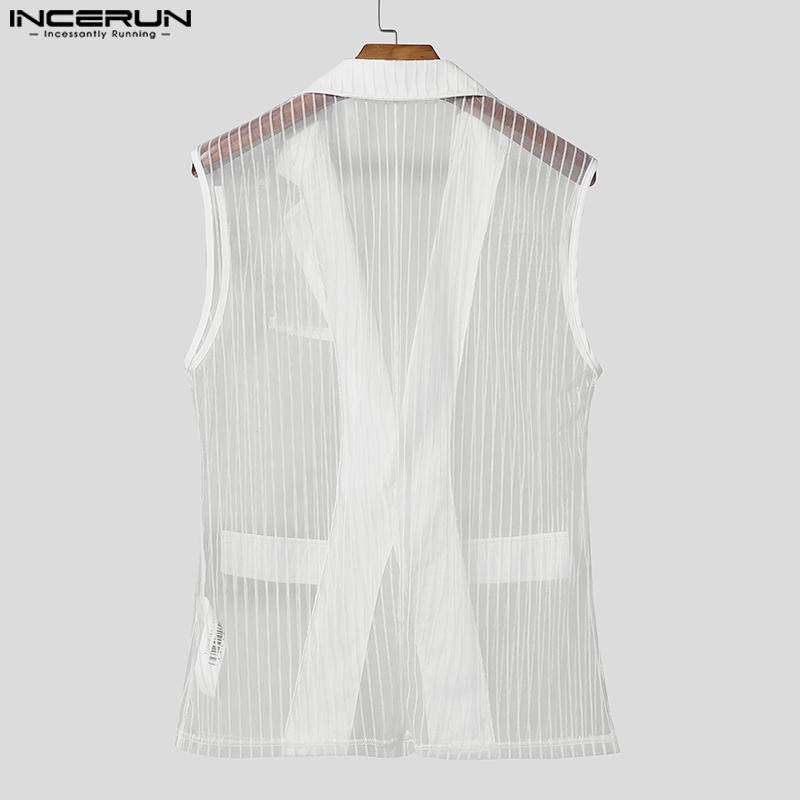 INCERUN Men Lapel Sleeveless Stitching One Button Striped See Through Waistcoats