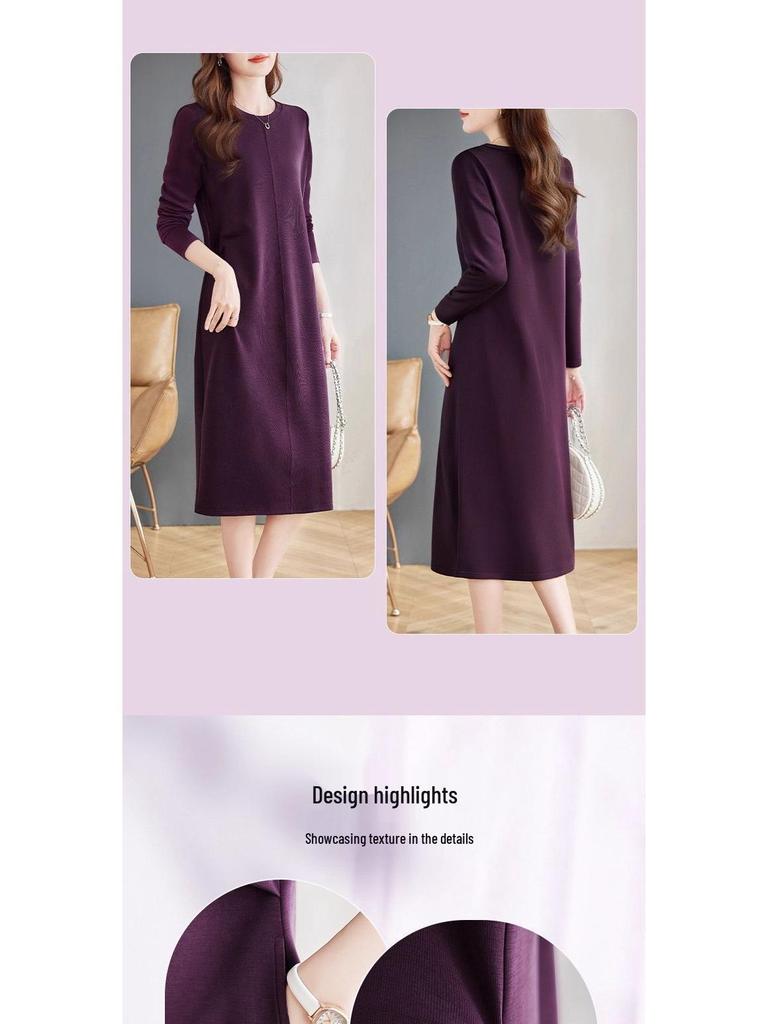 Elegant Plus-Size Purple Long-Sleeved Dress: Loose Slimming Straight Mid-Length for Spring & Autumn
