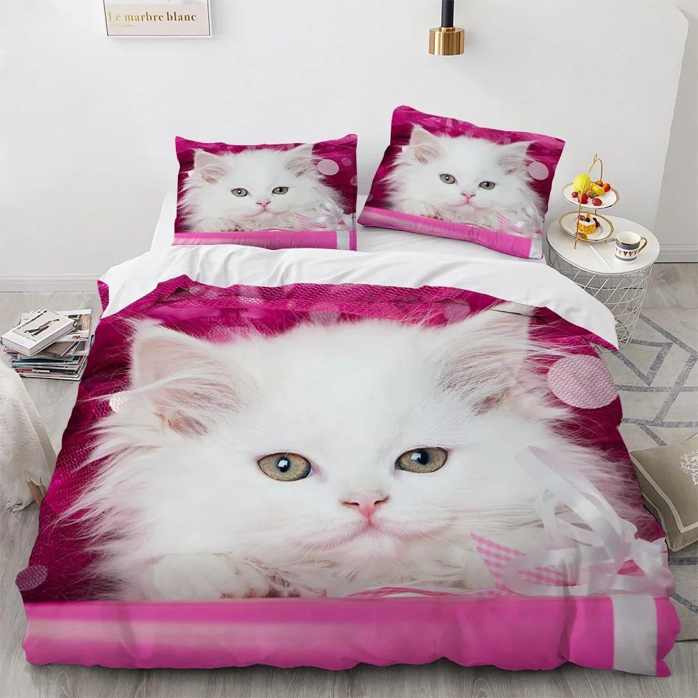 Unicorn Cat King Queen Duvet Cover Pink Kawaii Cartoon Kitty Bedding Set Magical Animal 2-3pcs Soft Quilt Cover for Kids Girls