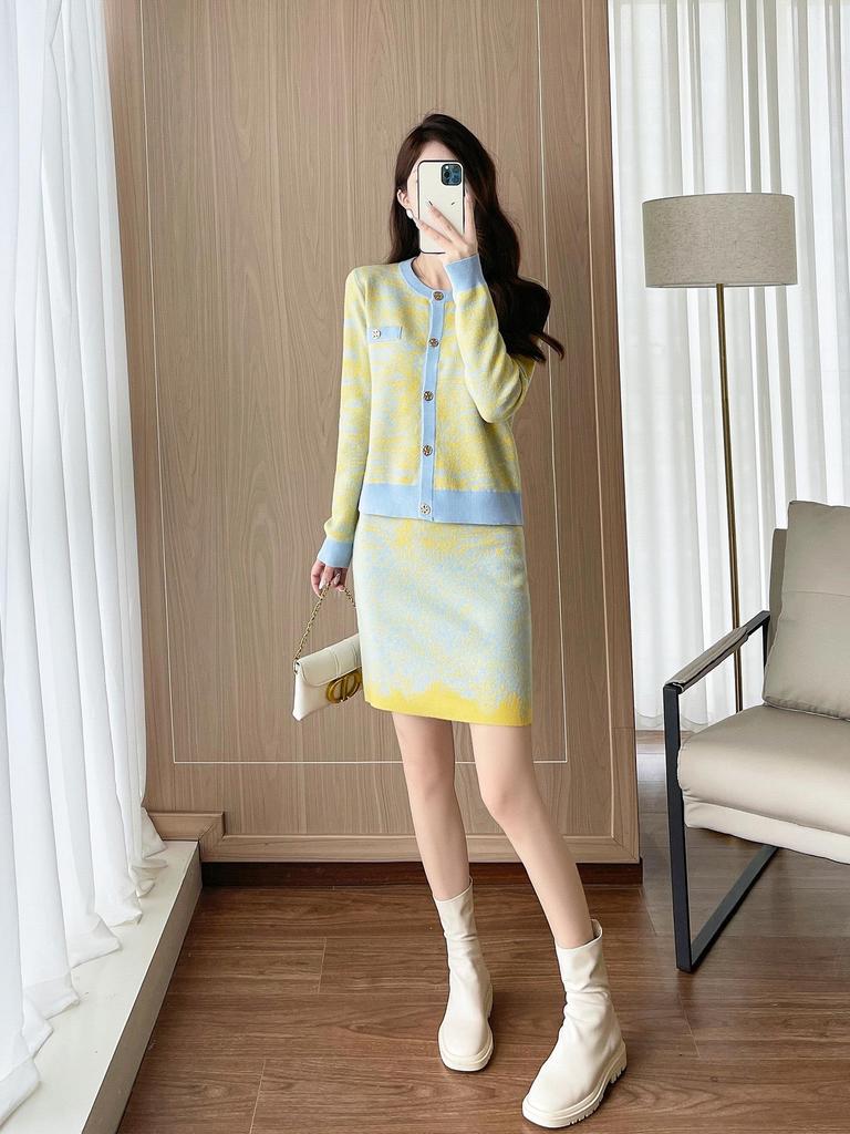 Thirteenth Street Women's High-End Fashion Knit Cardigan & Midi Skirt Set for Autumn/Winter.