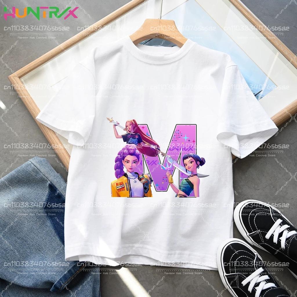 Toddler Girl Clothes Huntrx Mira Rumi Zoey Letter A-Z Cartoon Tee Shirt Funny Gift Fans Harajuku Cool Kids T-shirts Summer Tops