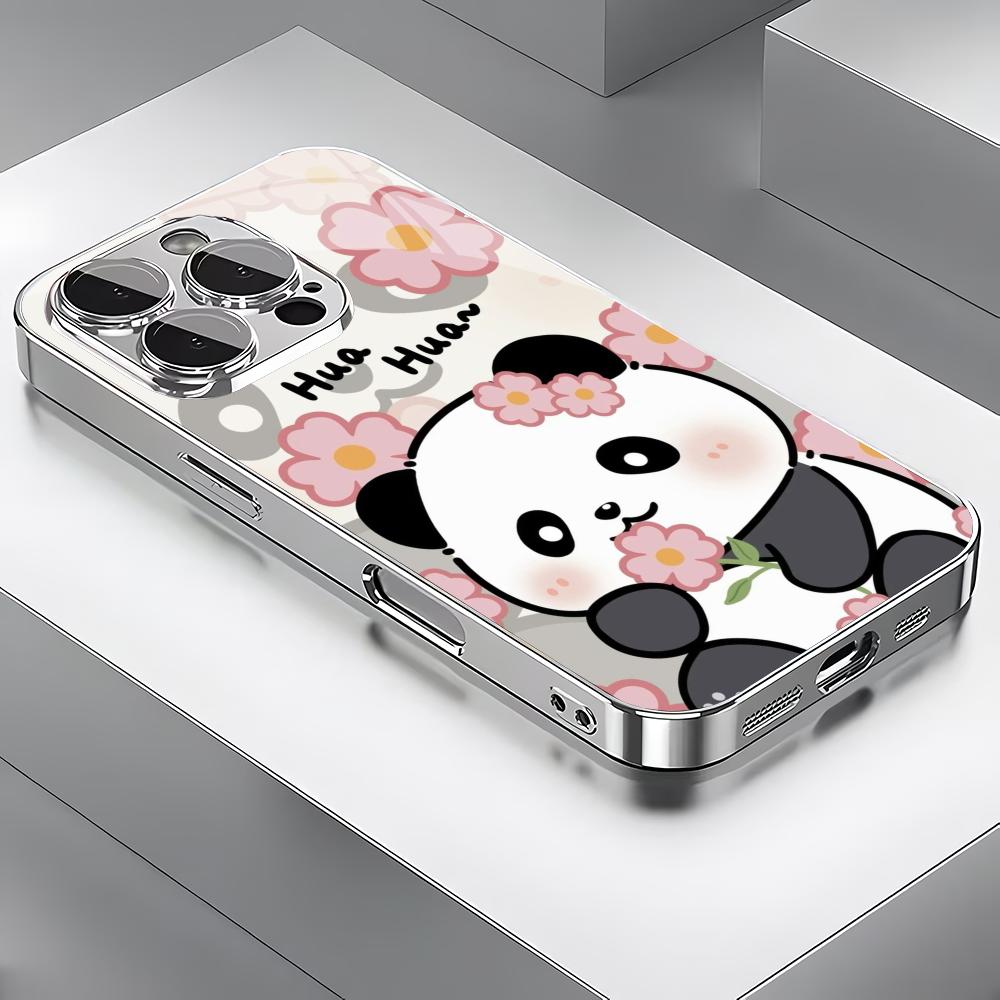 Cute Panda Flower Silver Plated Glass Phone Case Suitable for iPhone 17 16 15 14 13 12 11 Pro/Max/Plus Scratch Resistant