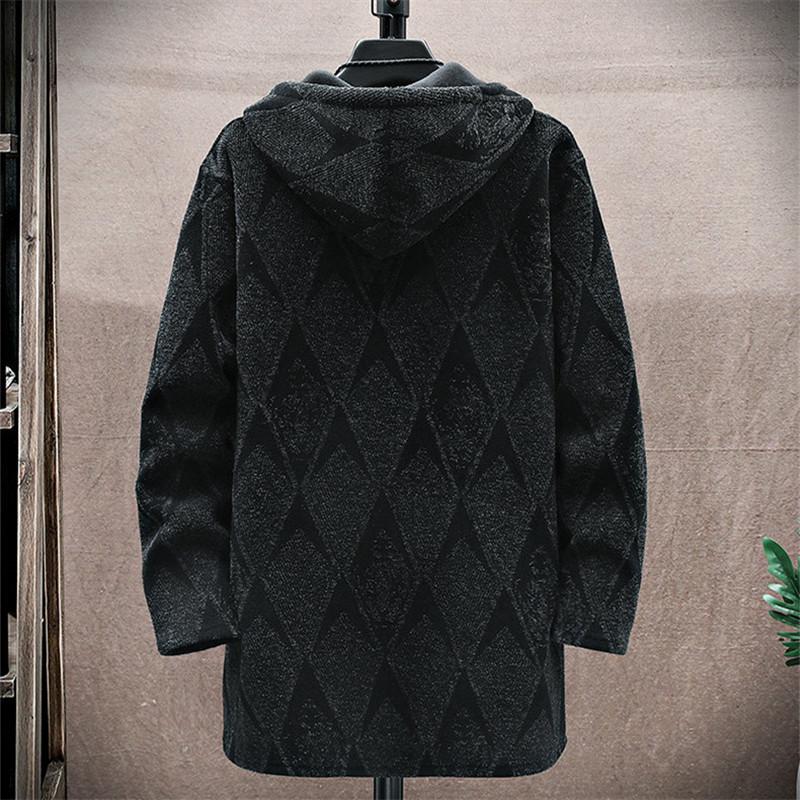 Autumn Winter Men's Fleece Mid Length Hooded Knit Cardigan Casual Knitwear Coat Thickened Warm Sweatercoat Men