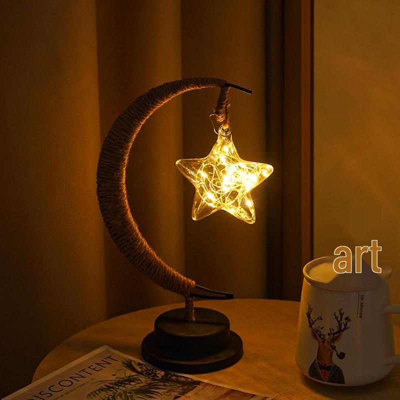 LED Star and Moon Vine Ball Desk Lamp with Hemp Rope and Iron Art - USB Decorative Night Light