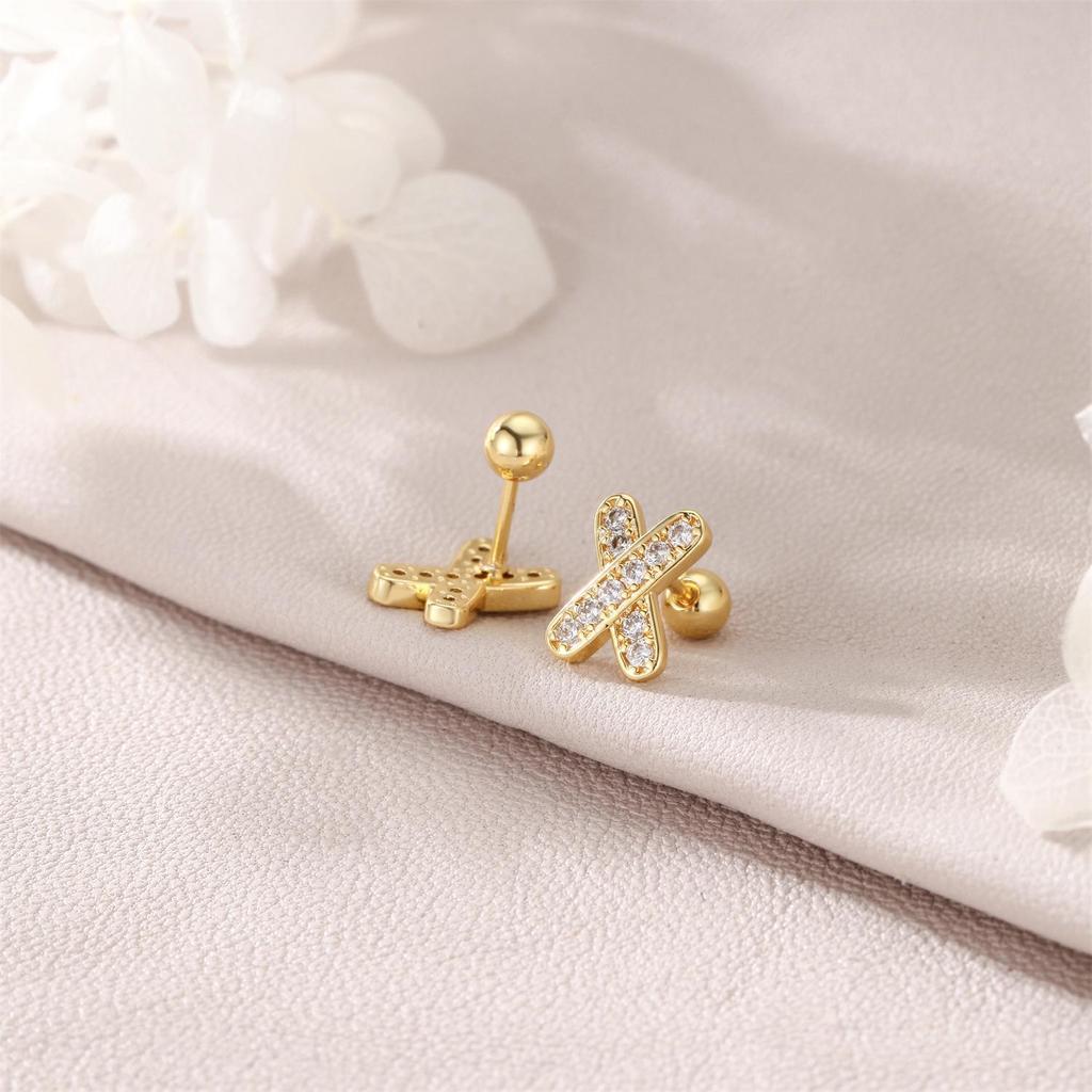 Elegant Real Gold Plated Cross Zirconia Earrings, Screw-in Style, Micro-inlaid Letter X Studs