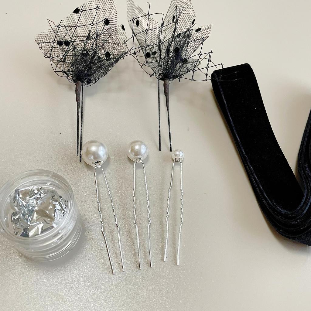 Velvet Pearl Dotted Silver Head Hair Wedding Ribbon, Pin, Tulle, Foil, Black, Kimono, Coming-of-age Ceremony, Graduation, Dress, Wedding, Accessory,