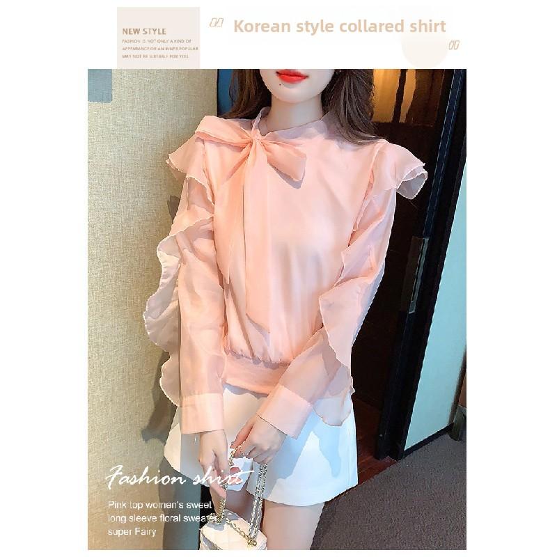 Women's Chiffon Blouse 2026 Spring and Autumn New Fashionable Tie-Neck Ruffle Trim Thin Gentle Style Shirt
