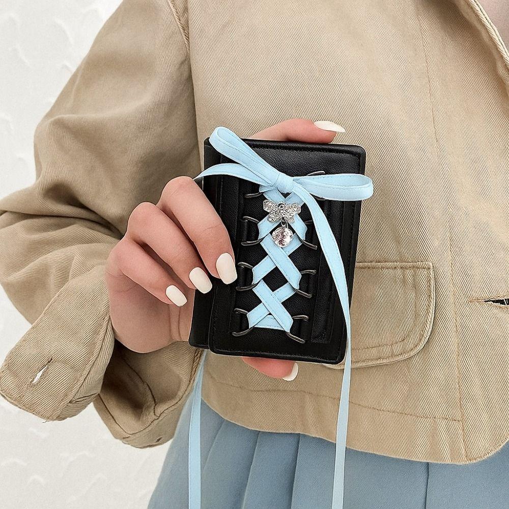 

Silk Ribbon Balletcore Three Fold Wallet Heart Crystal Crossover Strappy Card Bag Girls рожевий