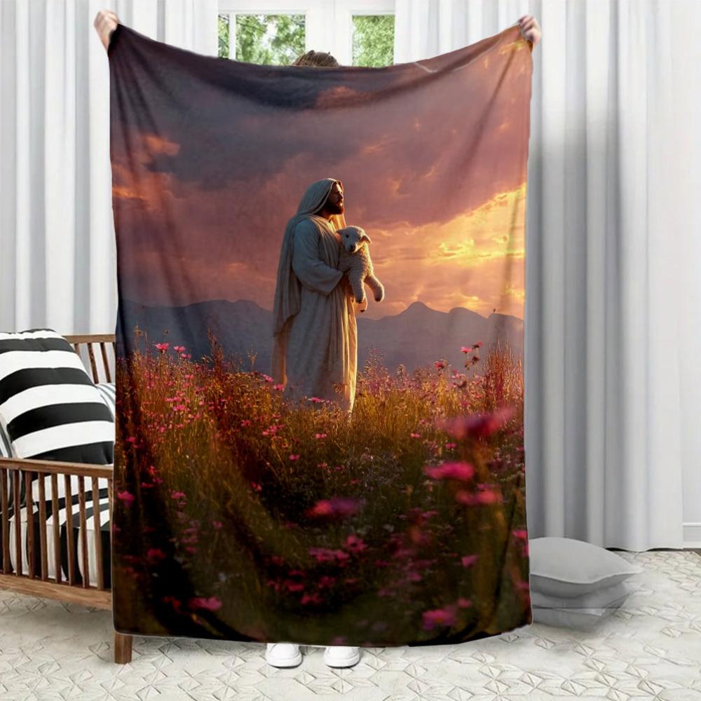 

White Robe with Religious Theme Flannel printed blanket suitable for all seasons suitable for living room office sofa and travel 75x100cm