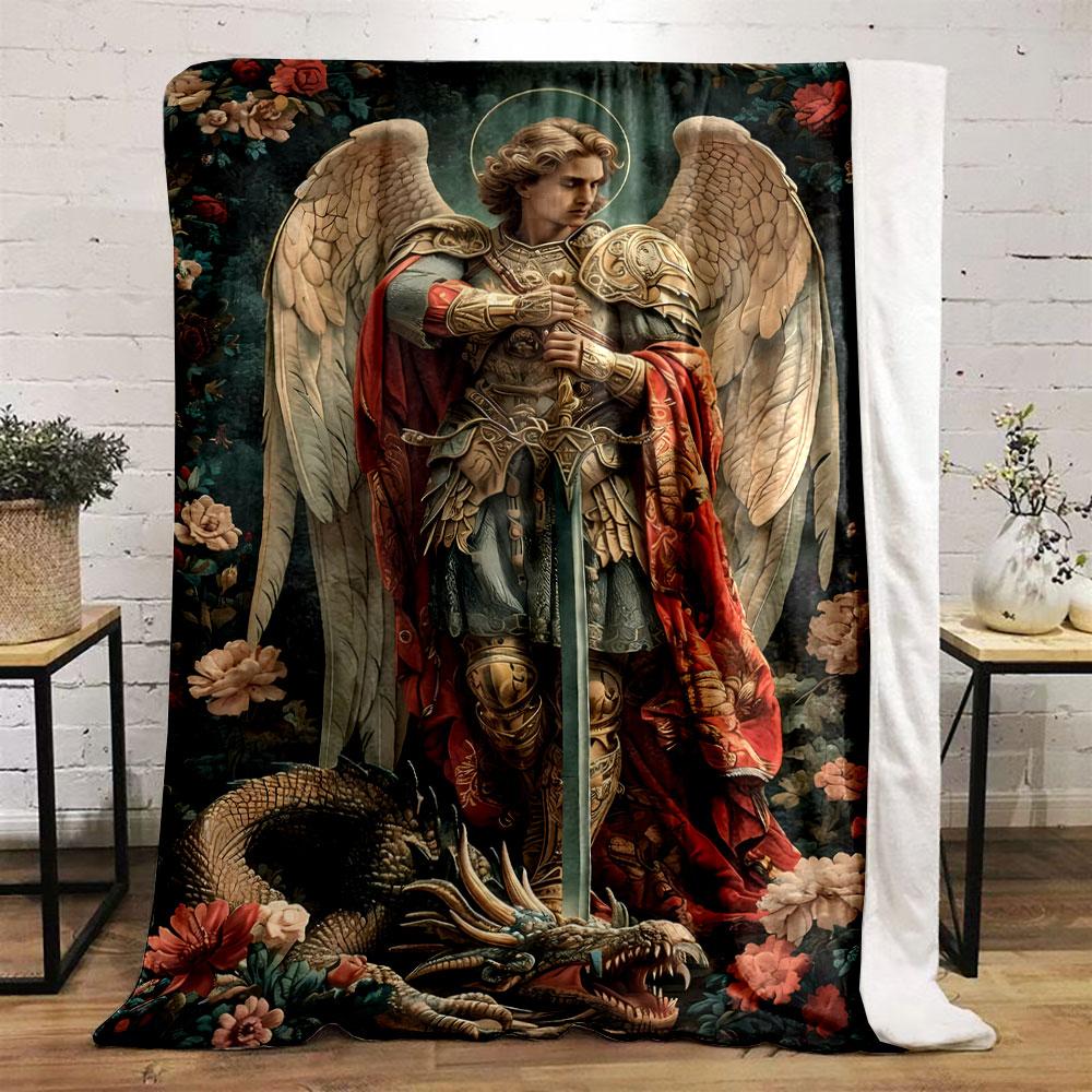 Archangel Michael Dragon Floral Blanket Bedroom Blanket for Livingroom Couch Lunch Break Soft Throw for Friend's Festival Gift