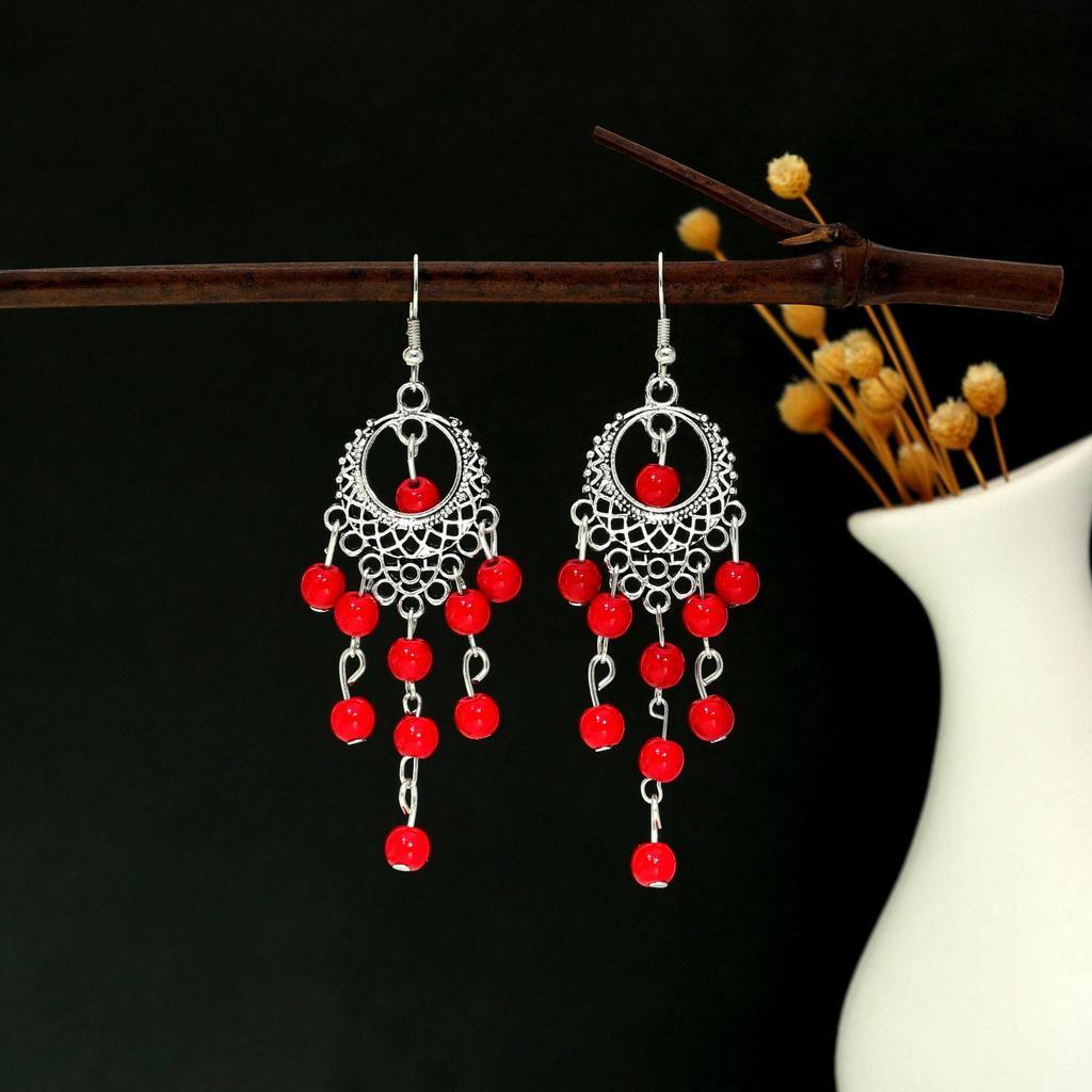 European and American Retro Hollow Turquoise Tassel Bohemian Earrings for Women