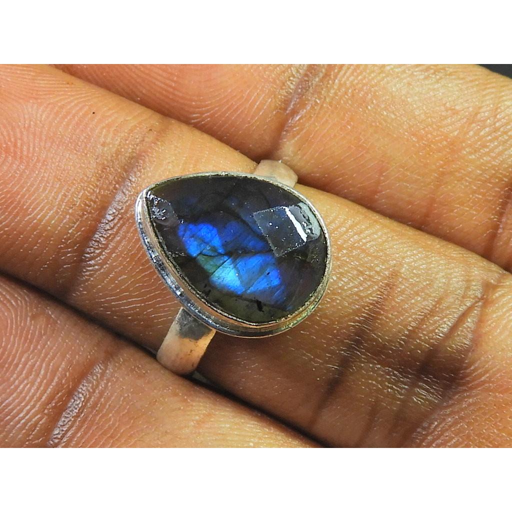 

Natural Labradorite 925 Sterling Silver Pear Handmade Vintage Ring US-6.75 MK-99