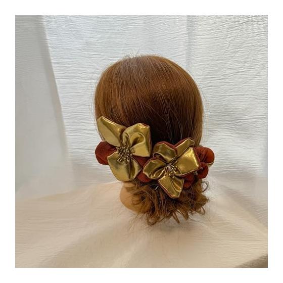 Tsumami Zaiku Hair Ornaments - Orange Brown, Formal Occasions, Bridal, Kimono, Hakama, Graduation, Wedding, Gold Accents