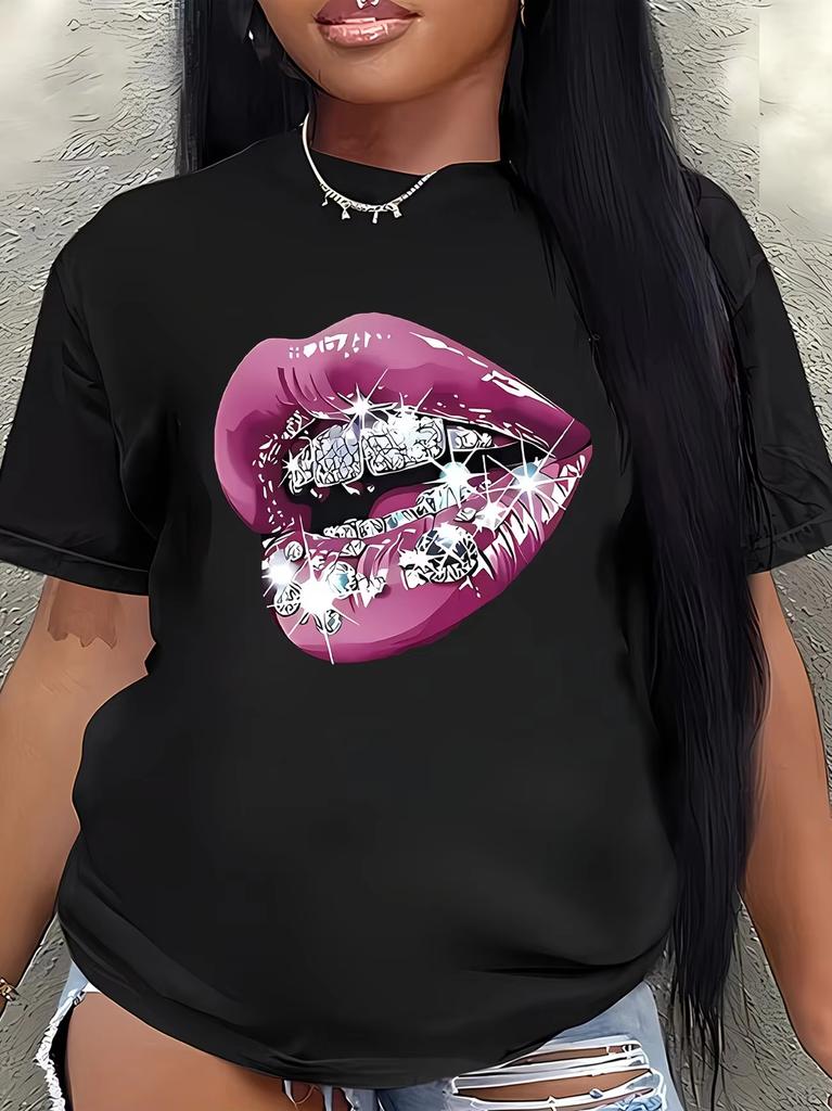Unisex Sparkle Diamond Grillz Lips Graphic Tshirt Hip Hop Bling Print Short Sleeve Casual Streetwear Tee Unisex Unisex