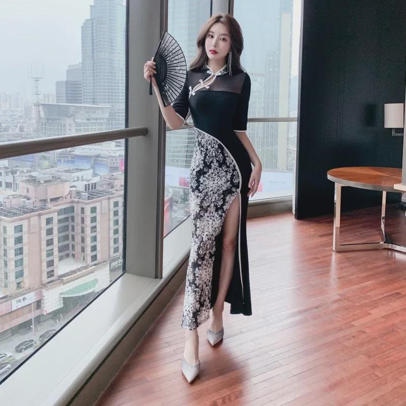 Retro šik čínské šaty jaro/léto 2024: Dámské sexy luxusní šaty s dlouhým rozparkem