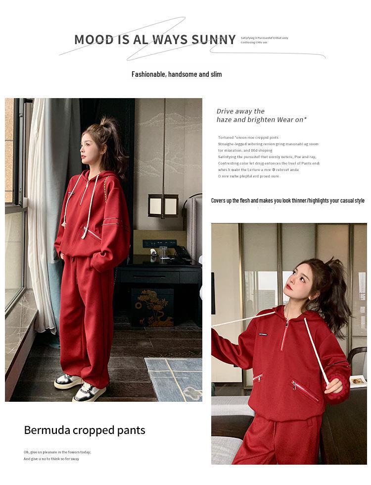 Women's Red Casual Sports Sweater & Wide-Leg Pants Set, 2024 Korean Style, Age-Reducing, Perfect for Spring/Autumn.