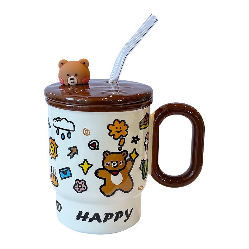 Women's New Style of Straw Water Cup High Value Ceramic Mug with Lid Coffee Cup Household Drinking Cup Gift