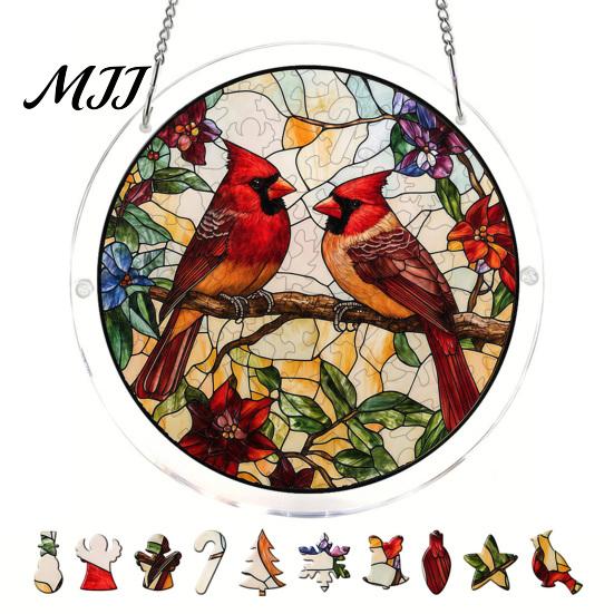Decorative Garden Sun Catcher Christmas Acrylic Puzzle Suncatcher, Holiday Tree Snowman Stockings Red Bird Office Window Decoration Kit for