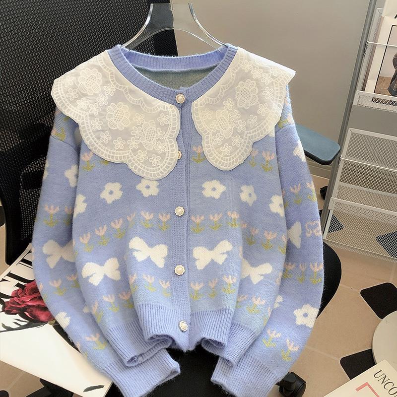 Doll Collar Sweater Coat Knitted Cardigan Women Spring and Autumn 2022 New Hot Style Age-reducing Lace Long-sleeved Sweater Top