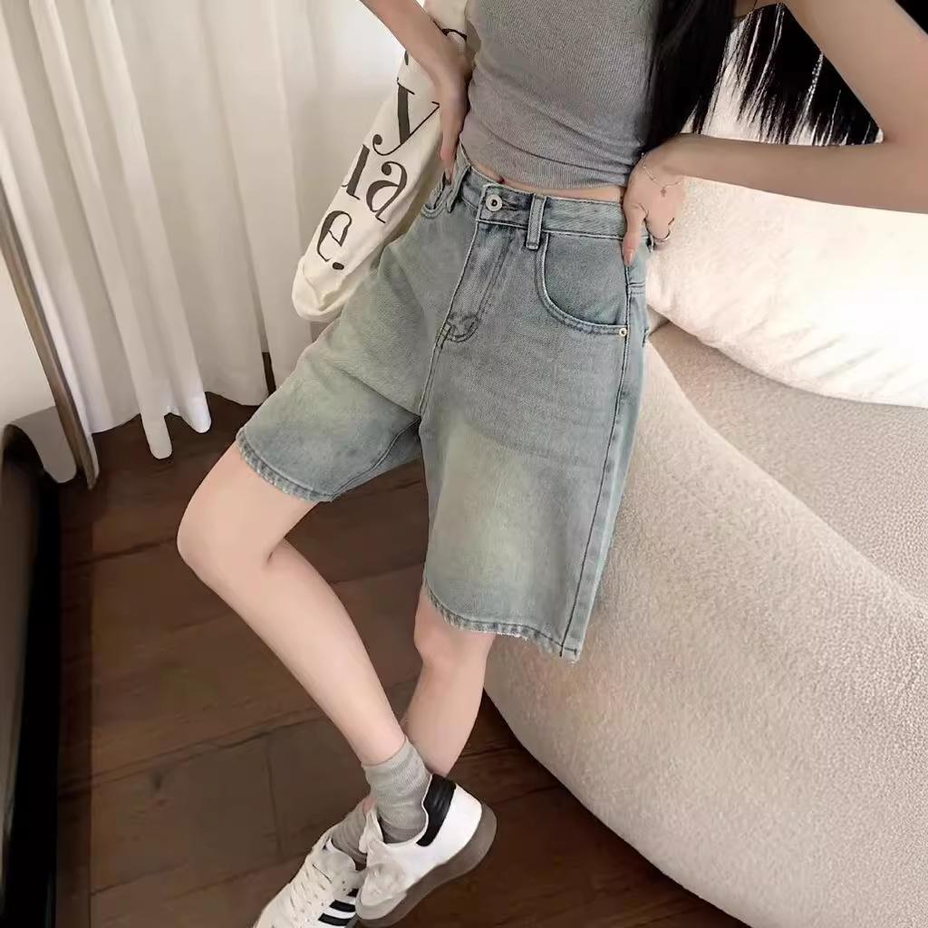 Retro Denim Shorts Women Summer High Waist Five Point Pants Loose Straight A Line Half Pants
