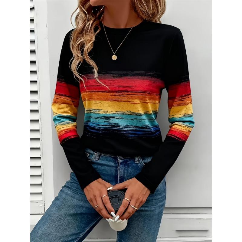 Women's new fashion casual round neck striped printed long-sleeved T-shirt