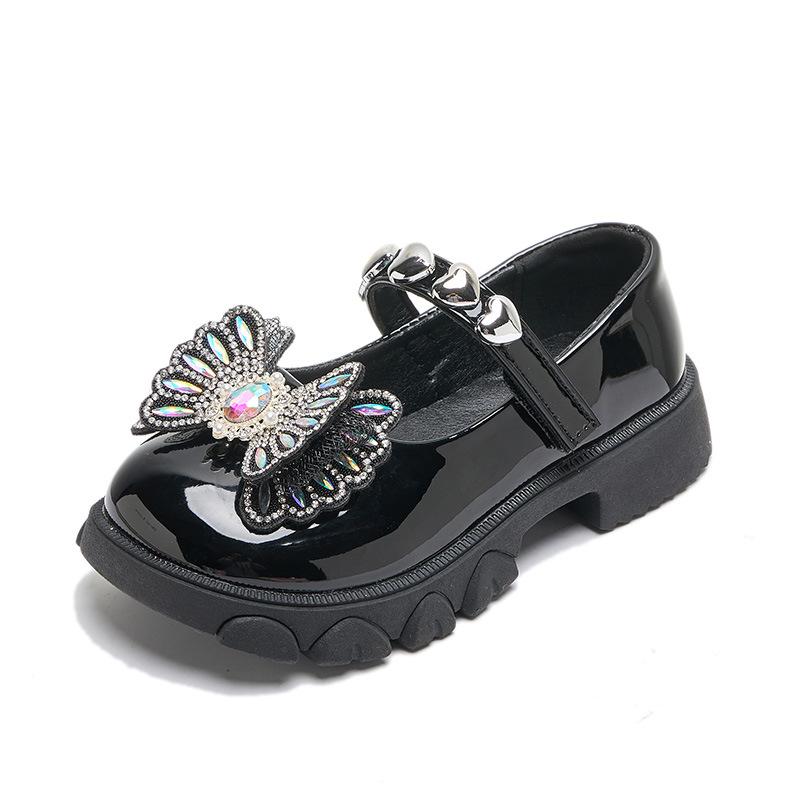 Spring new girls' leather shoes princess shoe rhinestone girl single shoe stylish student shoes bow child shoe performance shoes