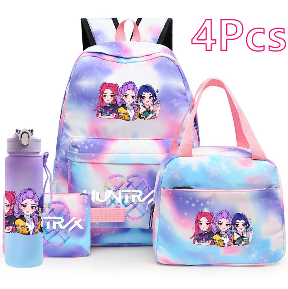 4Pcs/set Anime K-Pop Printed Backpack Handbag Pencil Case with 750Ml Water Bottler for Teenager Boy Girl Schoolbag Large Capacity Waterproof Bookbag